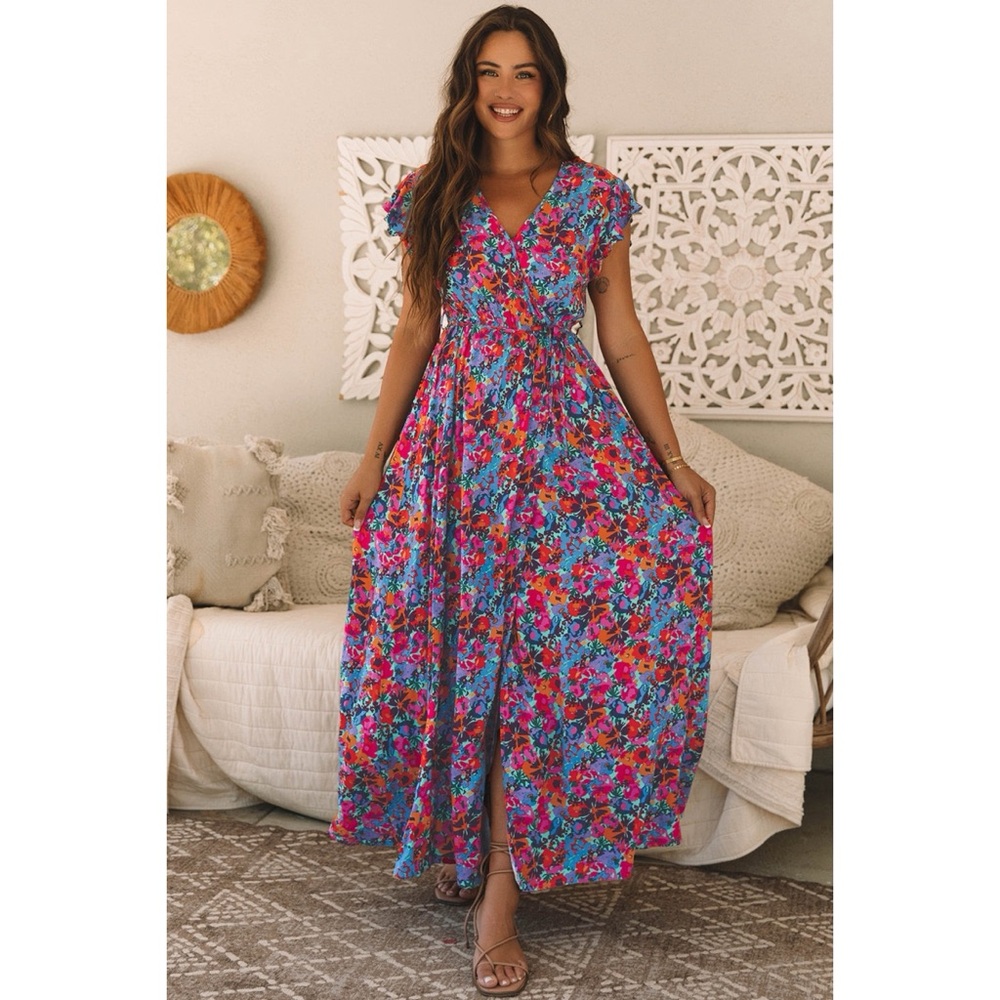 Blue Floral V Neck Wrap Maxi